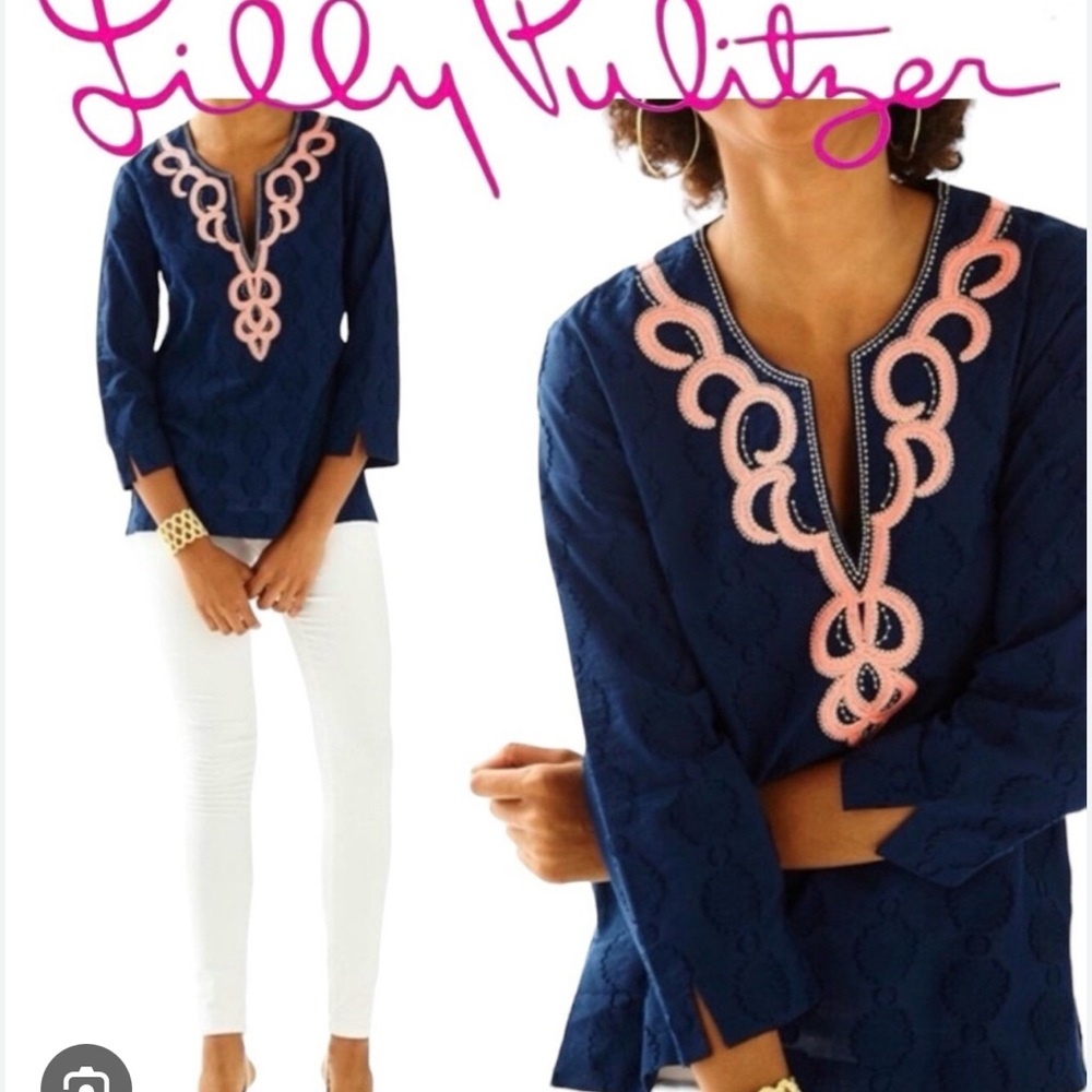 Lilly Pulitzer Amelia Island Navy and Coral Beaded Elephant Sunburst Tunic Top